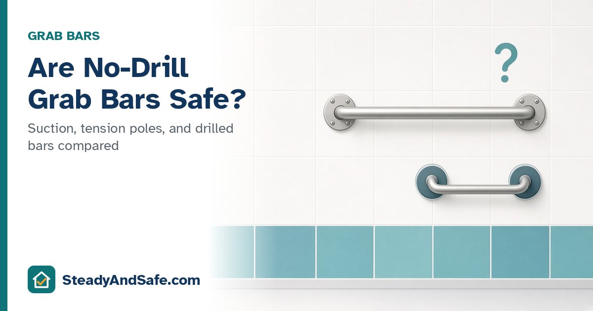 Grab bar on a tiled shower wall, with the title Are No-Drill Grab Bars Safe?
