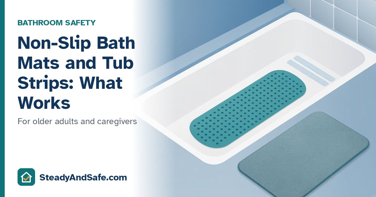 Non-slip mat on the floor of a bathtub, with the title Non-Slip Bath Mats and Tub Strips: What Works