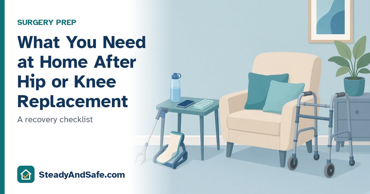 Living room set up for recovery with an armchair, a walker, and a side table holding water, a phone, and a reacher, with the title What You Need at Home After Hip or Knee Replacement