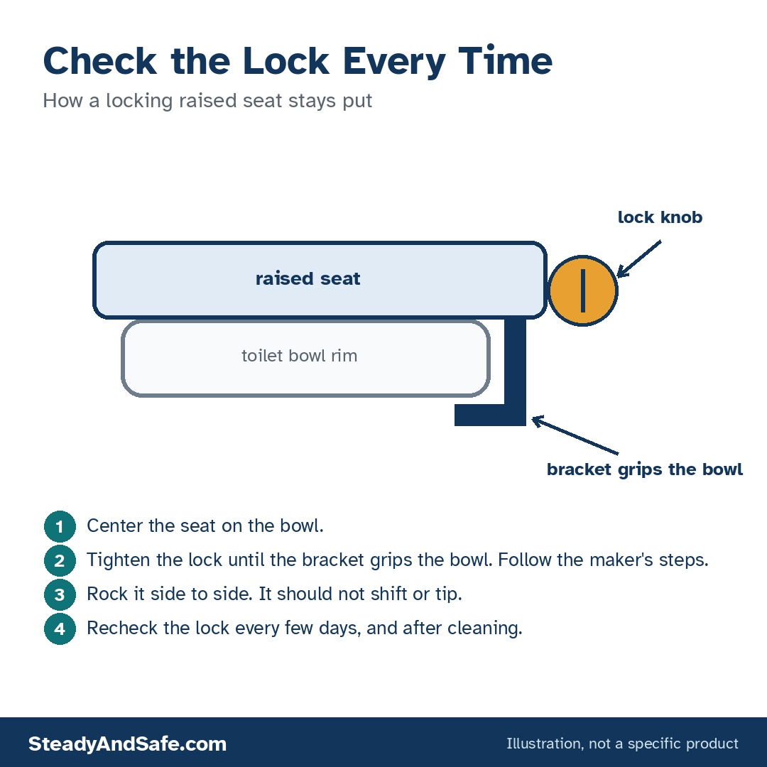 Illustration of a locking raised toilet seat on a bowl rim, showing the lock knob and the bracket, with four steps for checking the lock